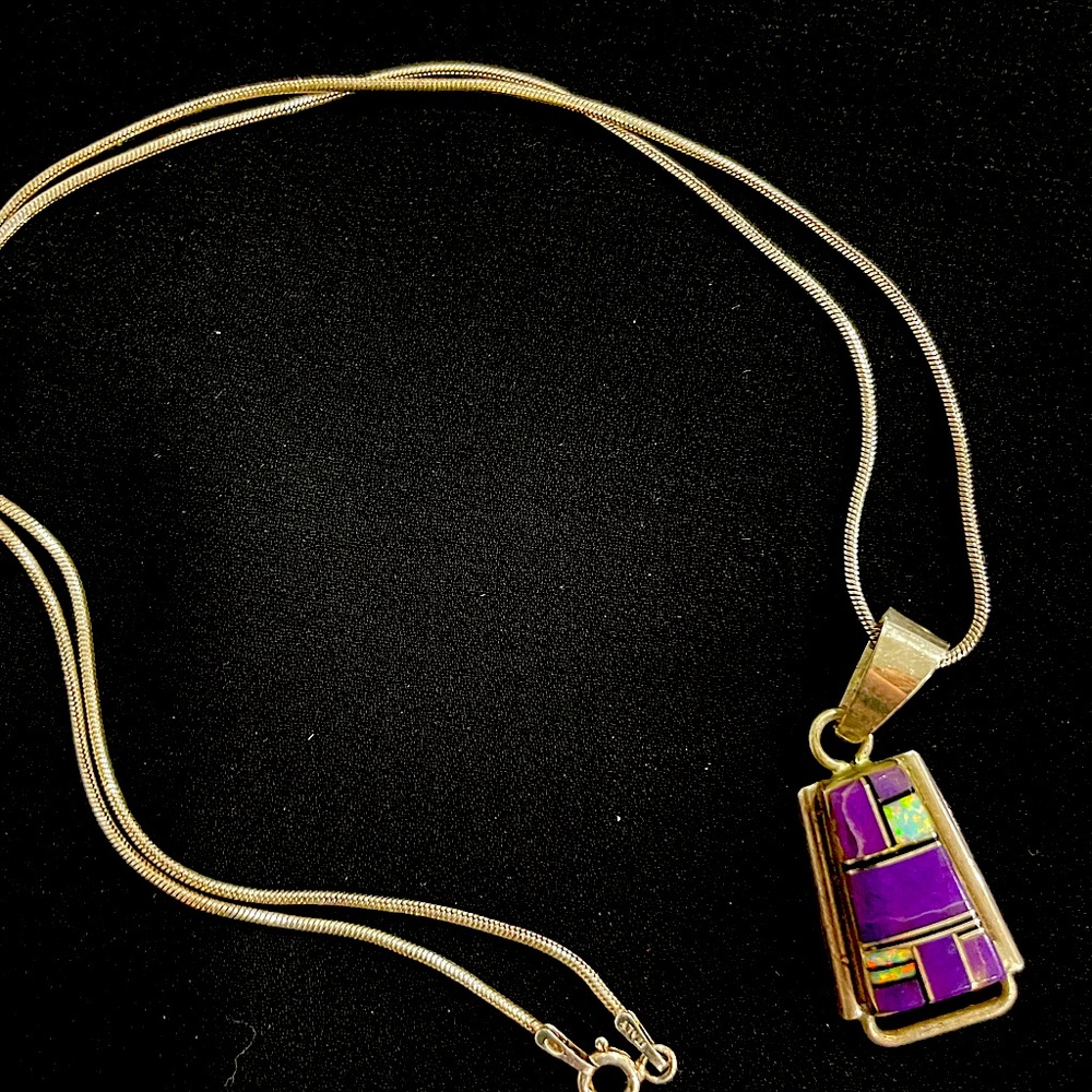 Native American Sterling silver Sugilite, Opal and Onyx necklace.